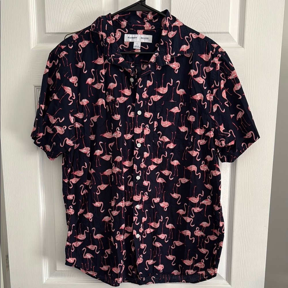 Navy Flamingo Print Men's Shirt